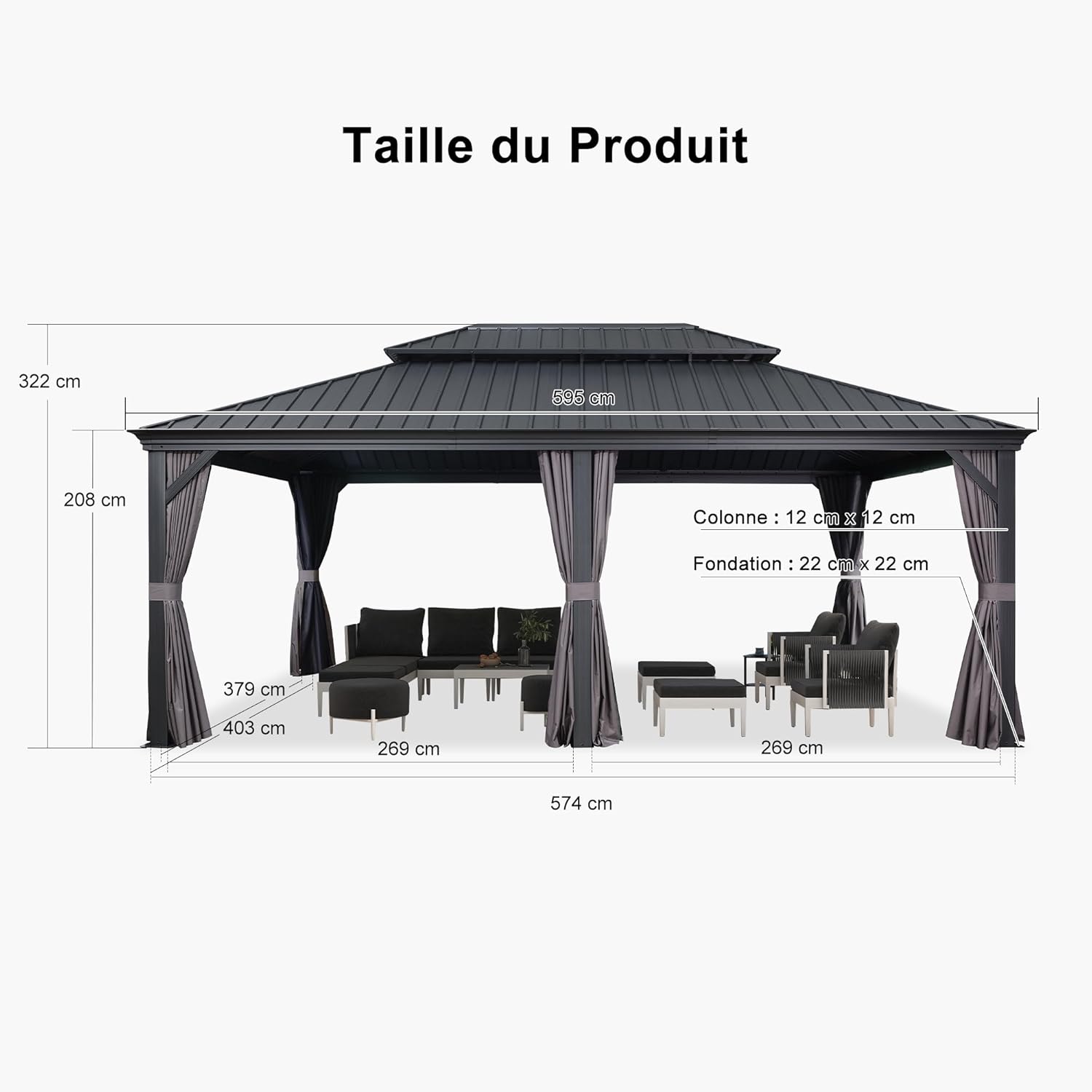 PURPLE LEAF - tonnelle toit double acier, 6x4,25m, moustiquaire, rideaux