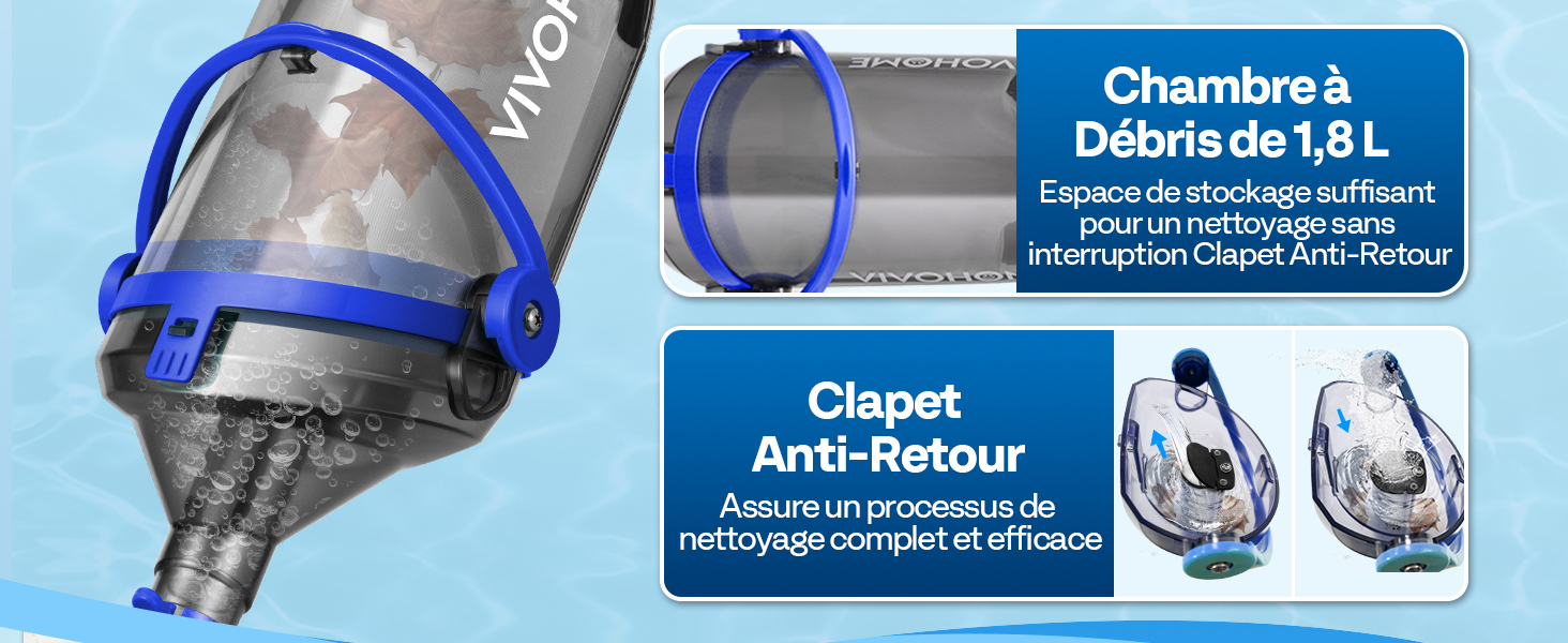 Le texte indique « Chambre à Débris » et « Clapet ». Schéma technique montrant les composants de l'aspirateur surligné en bleu et étiquetées en français pour les pièces et les caractéristiques.