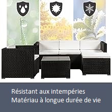 comprenant un canapé et des chaises en osier noir. Trois panneaux muraux décoratifs avec des motifs de bouclier sont visibles à l'arrière-plan.