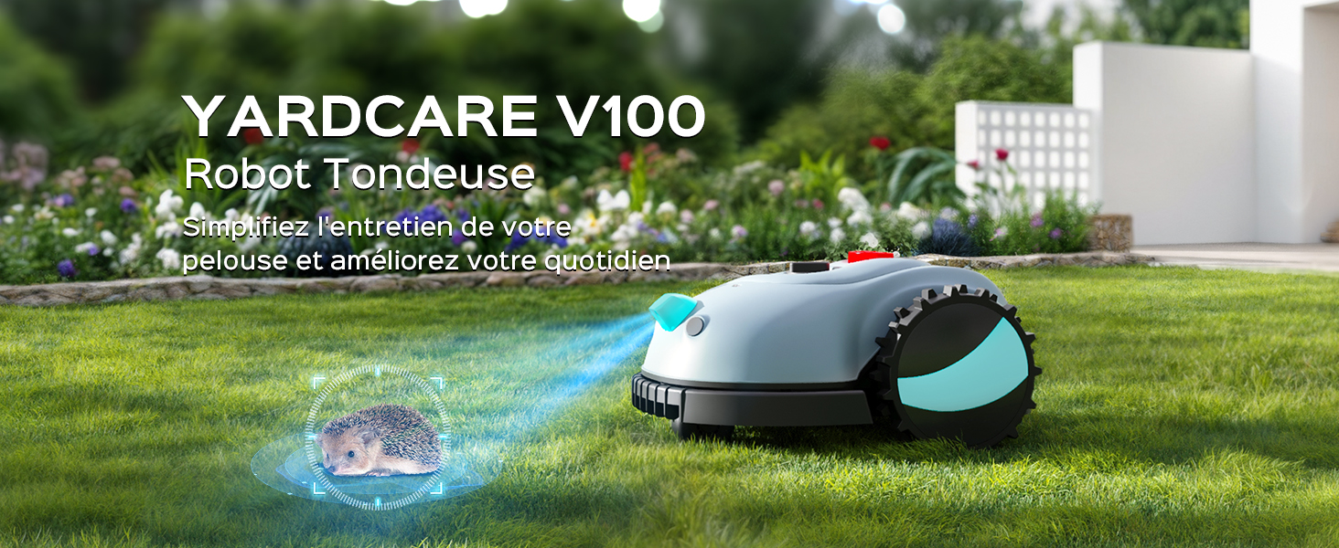 sur gazon. En forme de dôme avec des couleurs noir et bleu sarcelle. Effet de lumière bleue près de l'avant. Le texte l'identifie comme étant le robot tondeuse Yardcare V100