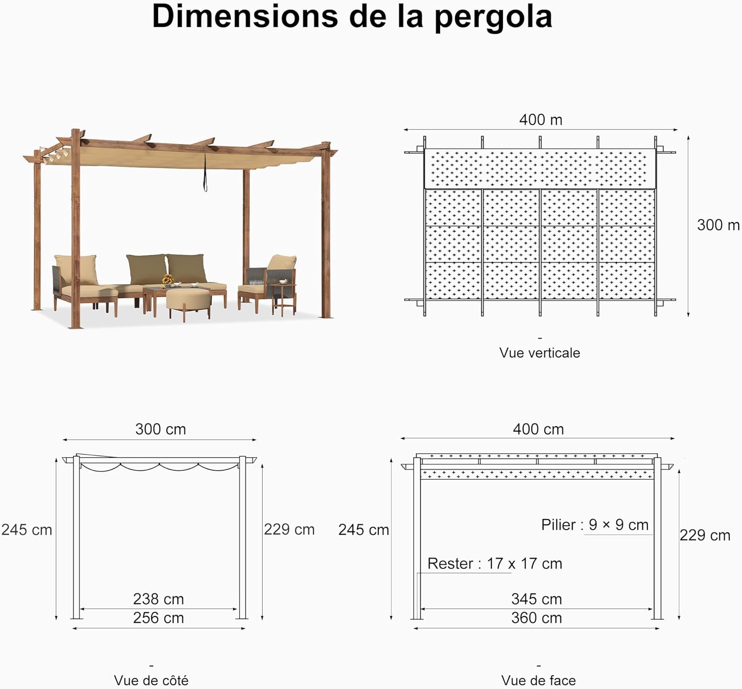 PURPLE LEAF - pergola aluminium 4x3m teck, toile rétractable, kaki