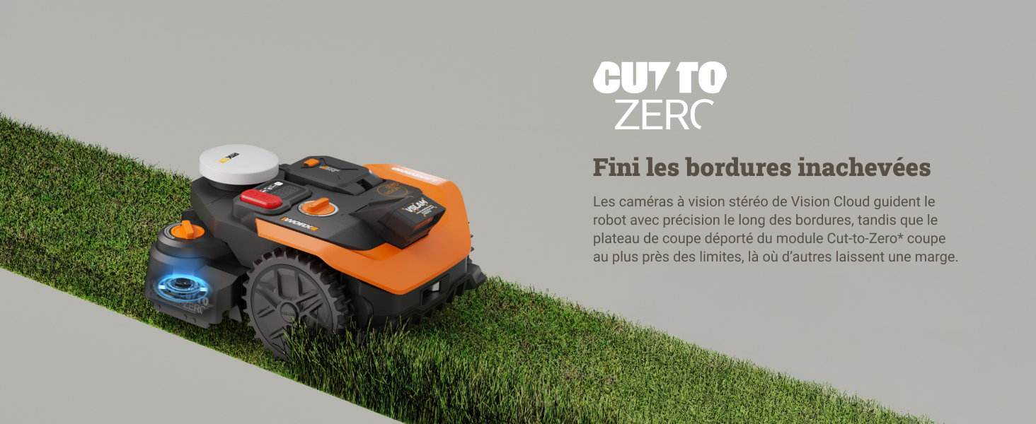 Le texte indique « COUPER À ZÉRO ». Série d'images d'entretien des pelouses montrant des techniques et des équipements de tonte de gazon naturel.