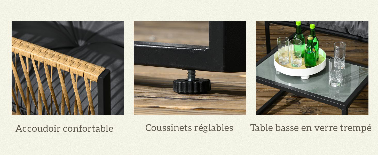 comprenant un accoudoir tissé, des coussins réglables et une table en verre trempé. Des libellés textuels décrivent chaque pièce en français.