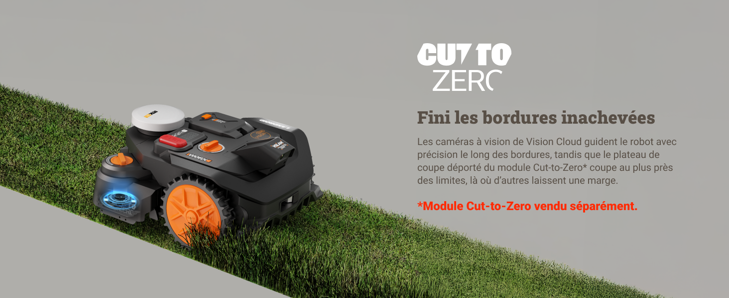 Le texte indique « COUPER À ZÉRO ». Tondeuse à gazon robotique montrée sur une surface gazonnée avec des images de démonstration du produit montrant ses capacités de coupe.