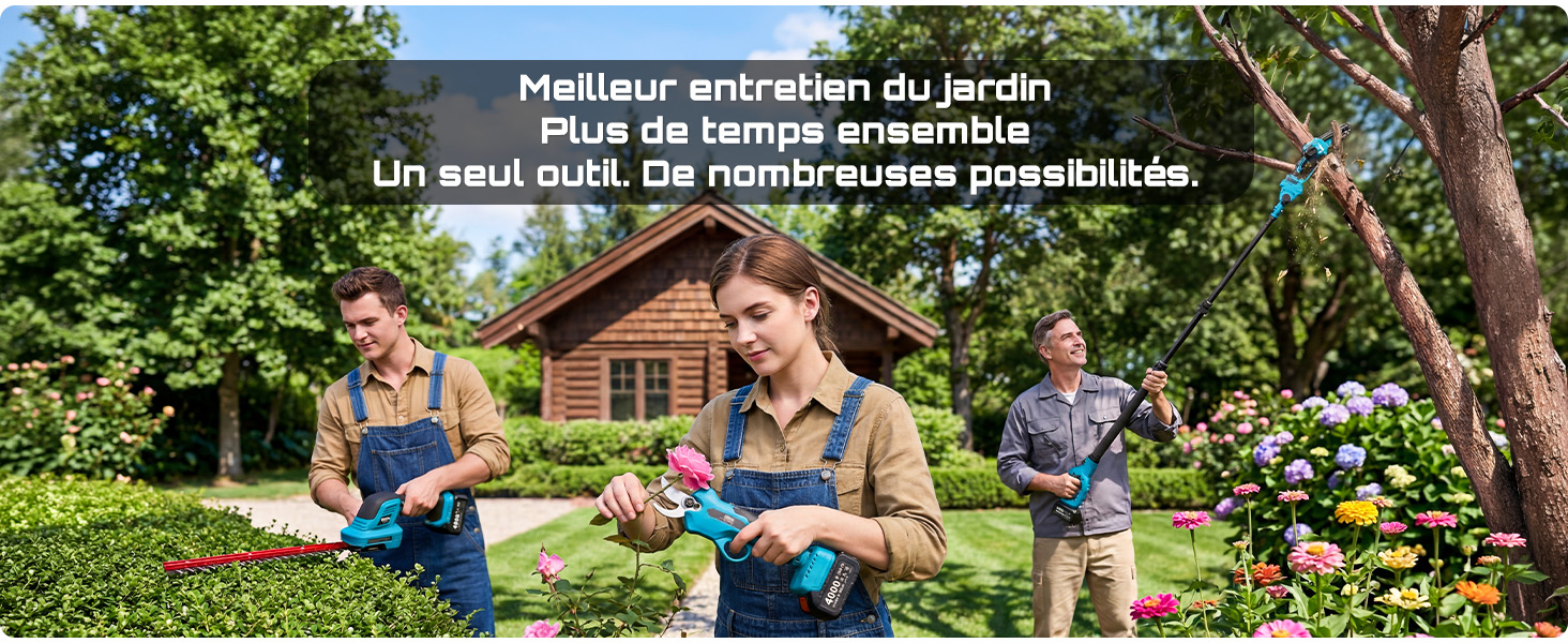 Le texte se lit comme suit : « Meilleur arbraten du jardin », « Plus de temps ensemble », « Un seul outil, de nombreuses possibilités ». Trois personnes utilisant du matériel de jardin sur la pelouse près d'une maison en brique avec des haies vertes.