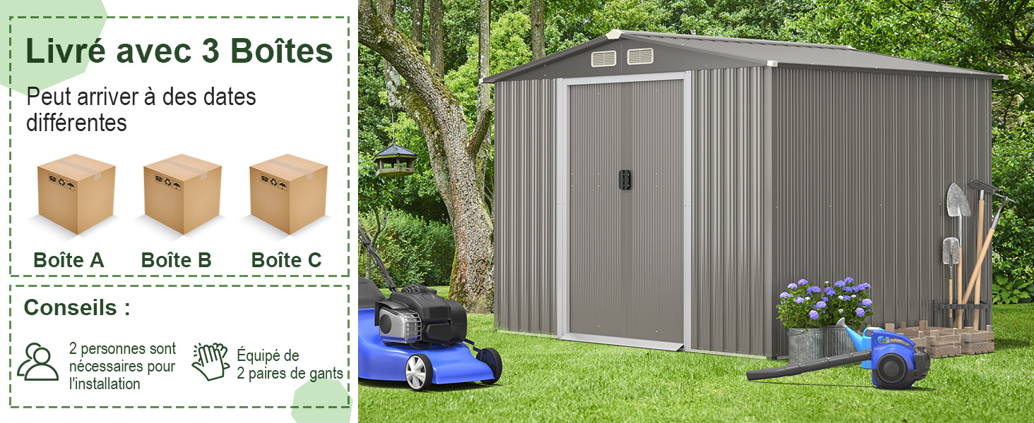 en extérieur avec informations de livraison pour 3 boîtes. L'image montre un cabanon, une tondeuse à gazon et des plantes en pot