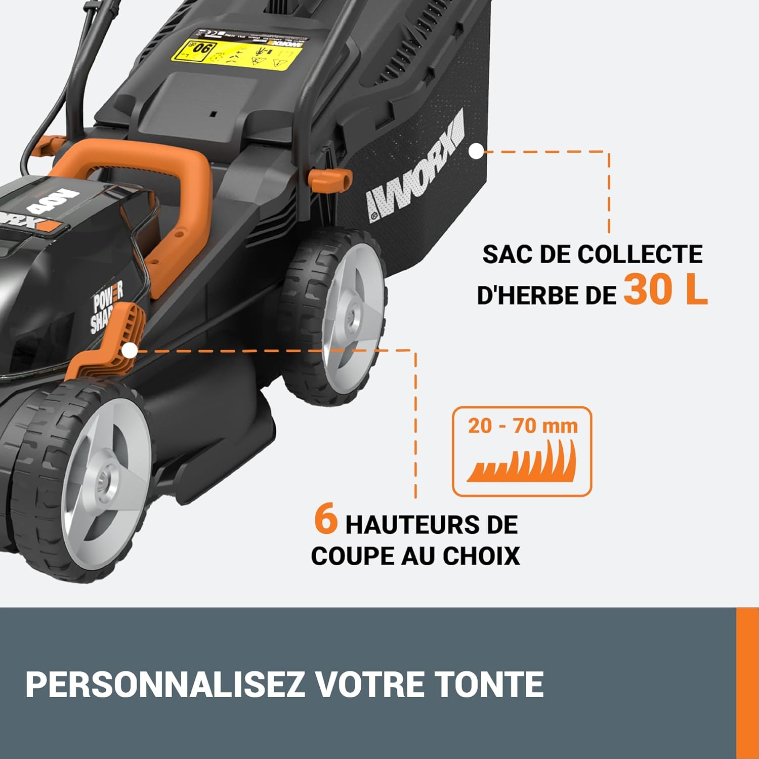 WORX - Tondeuse sans fil 40V, 34cm, 6 hauteurs, compacte, WG779E.1