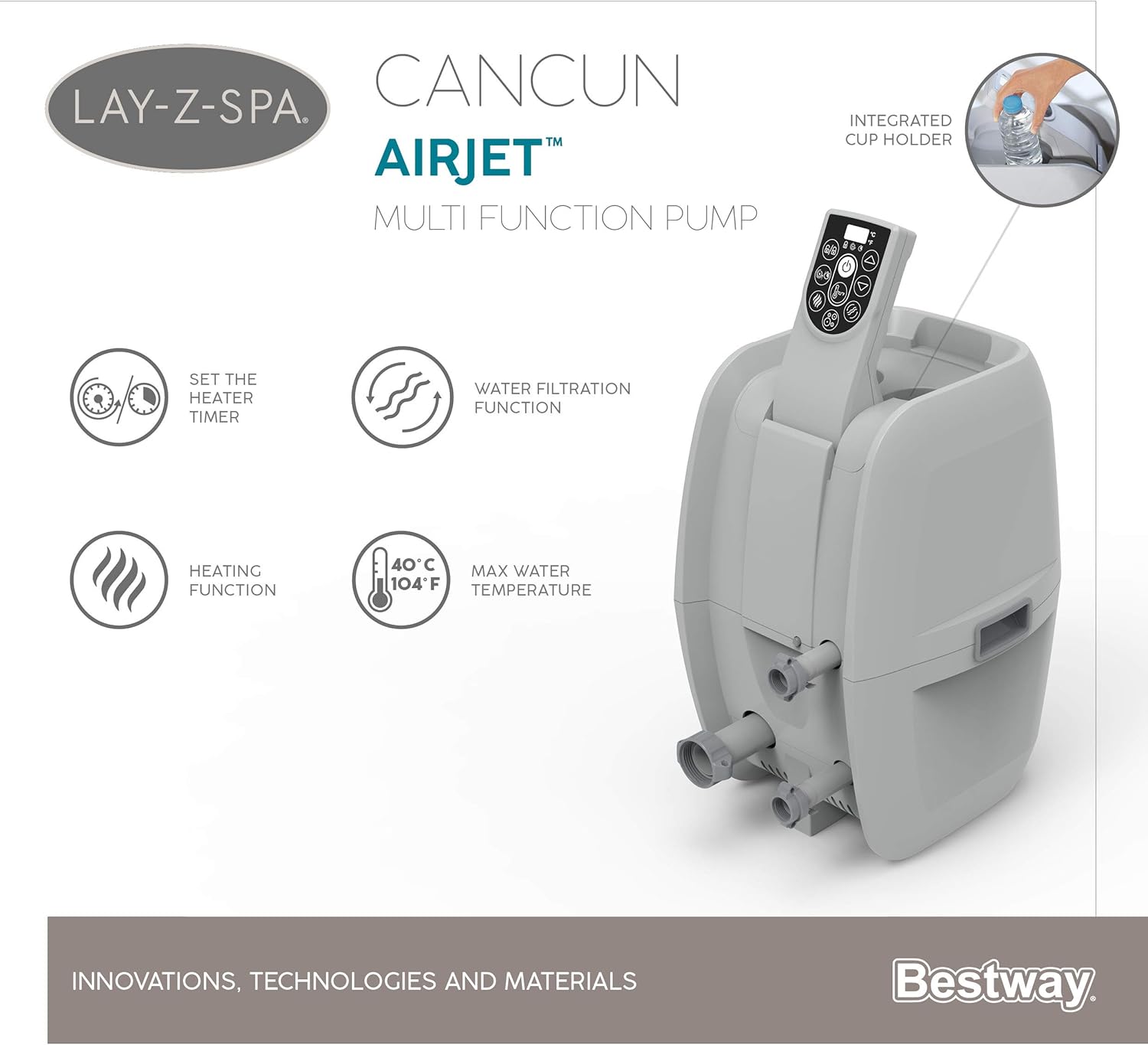 Spa Gonflable Lay-Z-Spa® Cancun Airjet Rond 2 à 4 Personnes, 180 x 66 cm, 120 Jets d'air, Couverture Isolante, Filtration à Cartouche, diffuseur Chemconnect