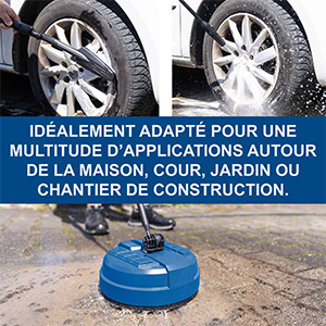 Le texte se lit comme suit : « ADAPTE EGALEMENT POUR UNE MULTITUDE D'UTILISATIONS AUTOUR DE LA MAISON, COUR, JARDIN OU GARAGE ». Le produit semble être une roue ou un objet circulaire.