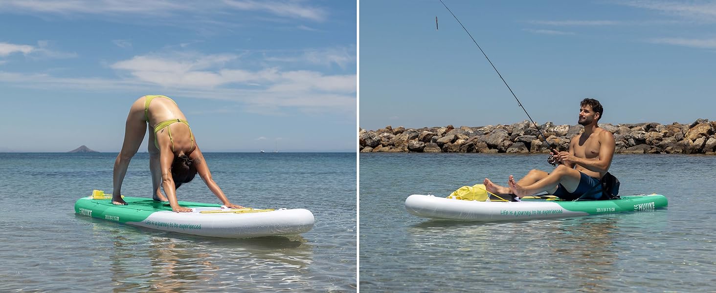 Séquence d'images montrant des chaises longues gonflables utilisées sur l'eau. Démontre la capacité de flottaison et la stabilité des produits de chaises longues aquatiques dans différentes positions.