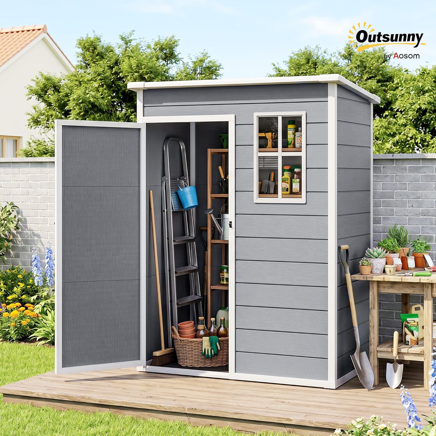 Abri de Jardin 1,14 m² - Porte verrouillable, aération et fenêtre - 151Lx92lx193H cm - Plastique, Gris - YJD1