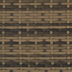 Gros plan sur un matériau en rotin ou en osier tressé. Des bandes horizontales et verticales de différentes nuances de brun créent un motif texturé.