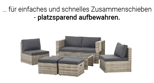 comprenant une causeuse en osier, deux chaises et une table. Coussins gris sur les sièges. Le texte indique un design peu encombrant pour un rangement facile