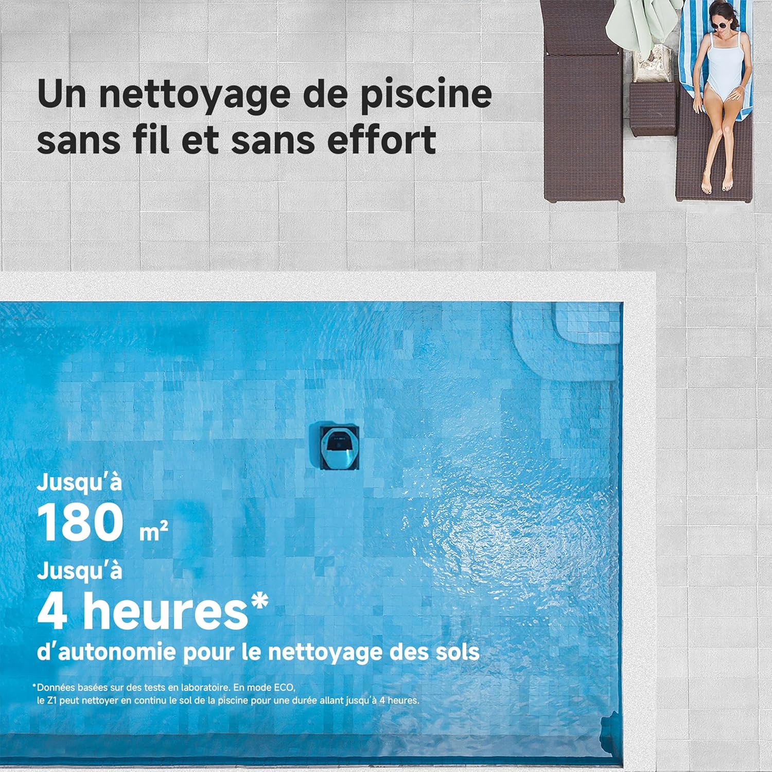 DREAME Z1 Robot Piscine sans Fil, Puissance d'Aspiration 30 000 LPH, Nettoyage du Fond, Parois et Ligne d'eau, 240 Min, Jusqu'à 180 m²