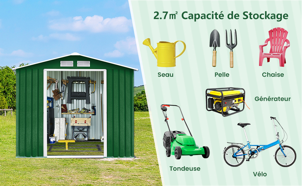avec portes ouvertes, mettant en valeur la capacité de rangement. Le panneau adjacent montre divers articles pouvant être rangés à l'intérieur, notamment une tondeuse à gazon, un vélo et des outils de jardinage