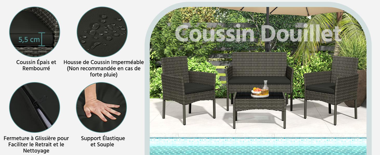 Le texte indique « Coussin Doublet ». Images de produits montrant un ensemble de meubles de patio avec chaises et table en rotin noir, entouré de verdure. Comprend quatre diagrammes circulaires illustrant les caractéristiques du produit.