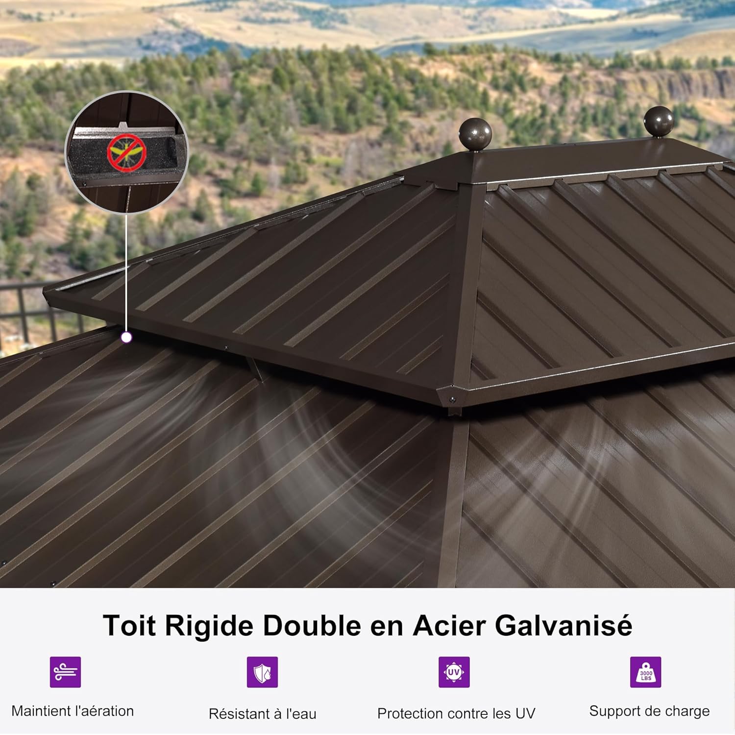 PURPLE LEAF - pergola extérieure 4,25x3m - alu, LED, rideaux, gouttière
