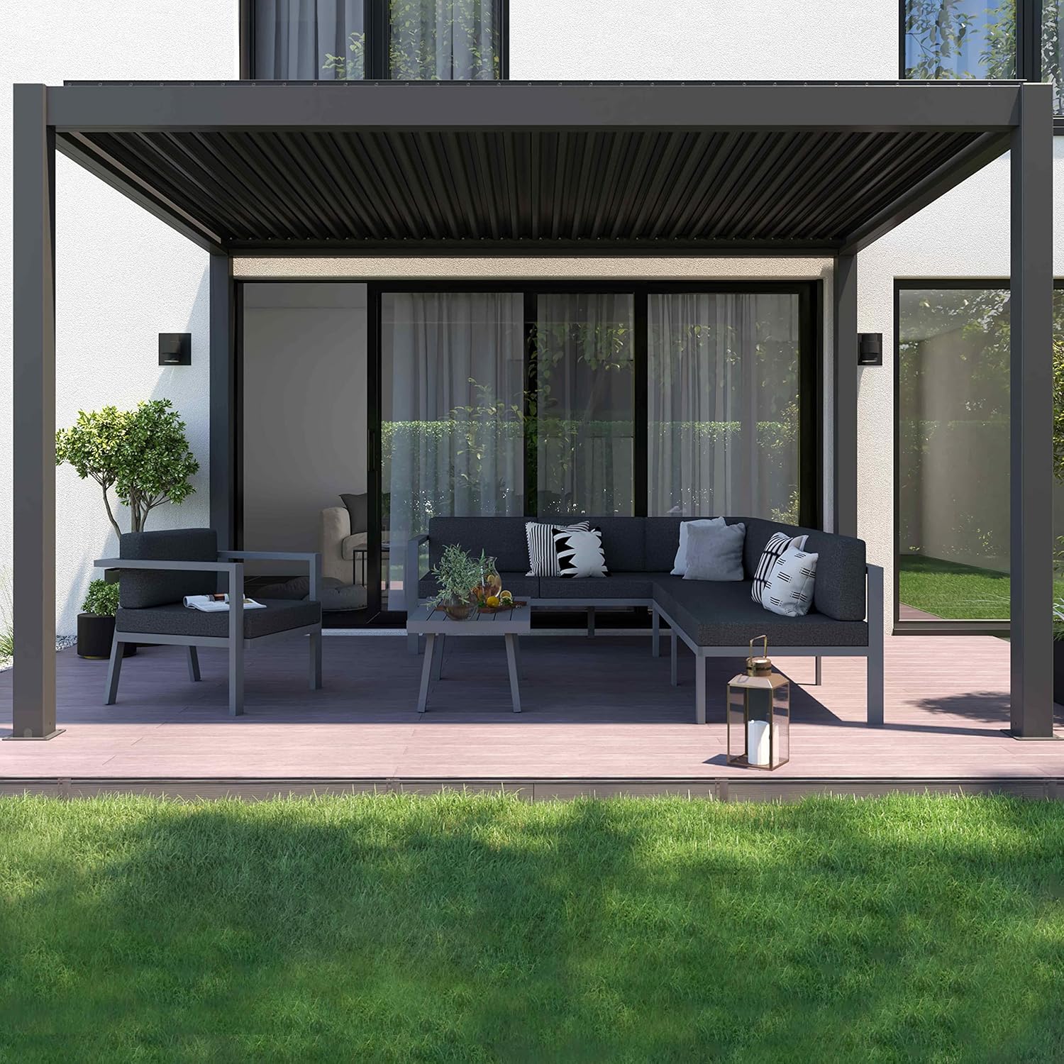 Oviala - Pergola bioclimatique motorisée autoportée 3x4m, LED, stores