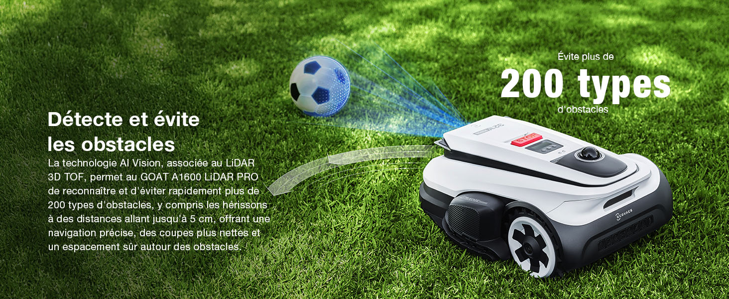 Tondeuse à gazon robotique montrée sur de l'herbe verte avec superposition du schéma des spécifications. Appareil autonome blanc avec roues présenté en extérieur.