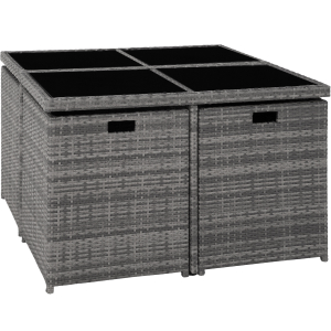 Le récipient de rangement gris tissé ou texturé divisé en compartiments semble être fait de matière synthétique avec un motif en forme de grille.