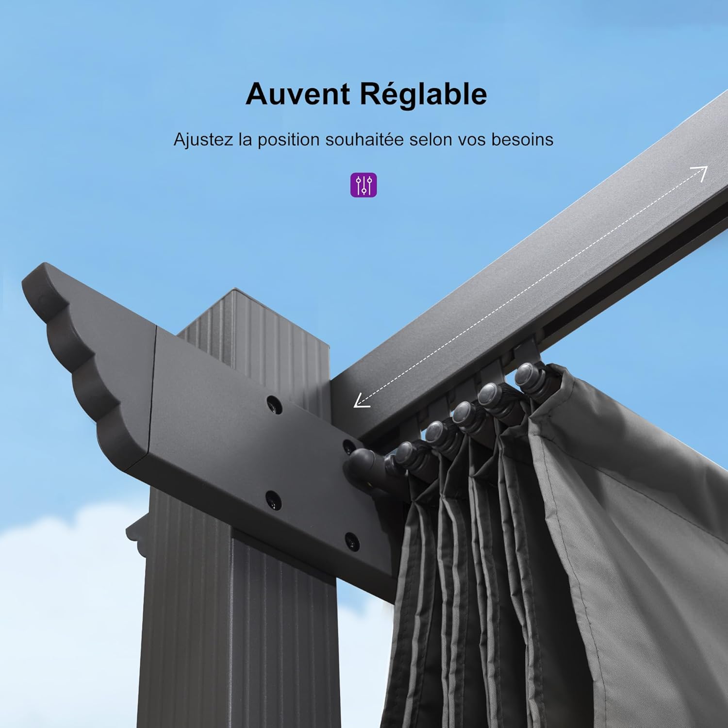 PURPLE LEAF - Pergola aluminium, 3,65x3m, toile coulissante, gris