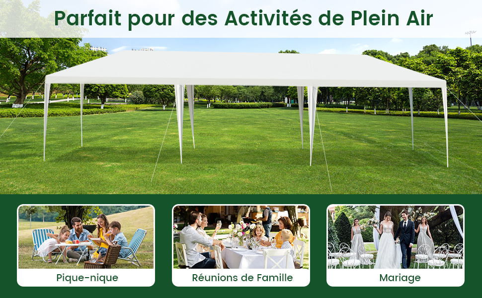 Grande tente extérieure blanche à baldaquin dans une zone herbeuse. Trois images plus petites montrent son utilisation pour les pique-niques, les réunions de famille et les mariages