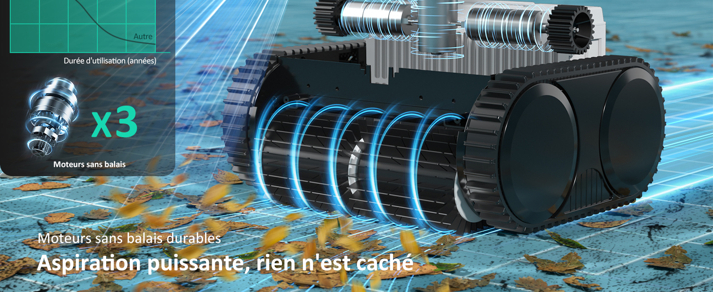 avec trois moteurs puissants et des brosses durables. L'appareil est doté d'un corps cylindrique noir avec des accents bleus, conçu pour une aspiration puissante et un nettoyage en profondeur.
