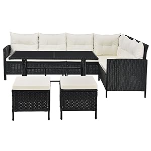 Polyrattan Gartenmöbel Manacor schwarz + Bezüge in Creme