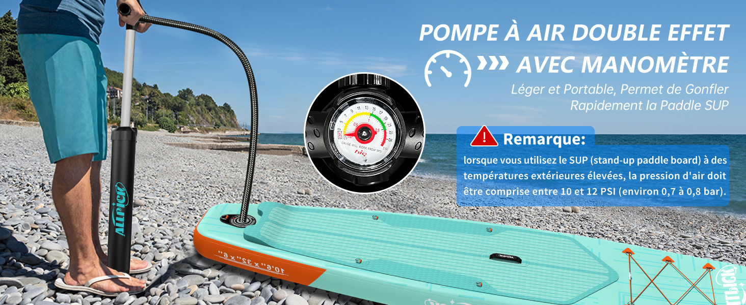 Le texte indique « POINTE A AIR DOUBLE EFFET ». Images de démonstration de produits liés à la piscine montrant les caractéristiques de l'eau et les équipements.