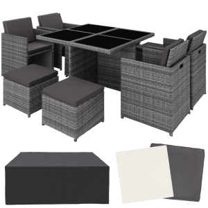 Ensemble de mobilier d'extérieur gris comprenant des sièges en forme de cube avec des coussins. Ensemble de patio modulaire présenté dans un style monochrome avec des coussins clairs et foncés.