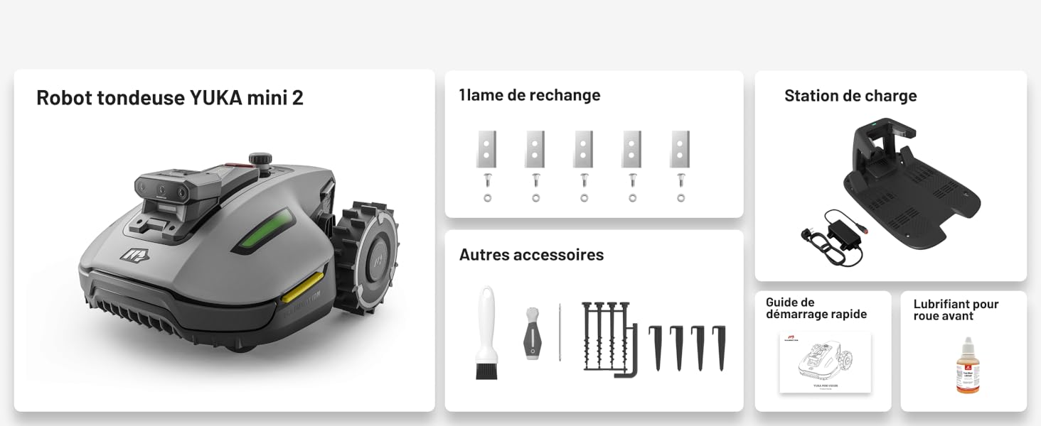 Le texte indique « Robot tondeuse YUKA mini 2 ». Plusieurs images de produits montrant les composants de la tondeuse à gazon robotisée, notamment la station de charge, les accessoires de station d'accueil et les schémas détaillés des pièces et de l'assemblage.