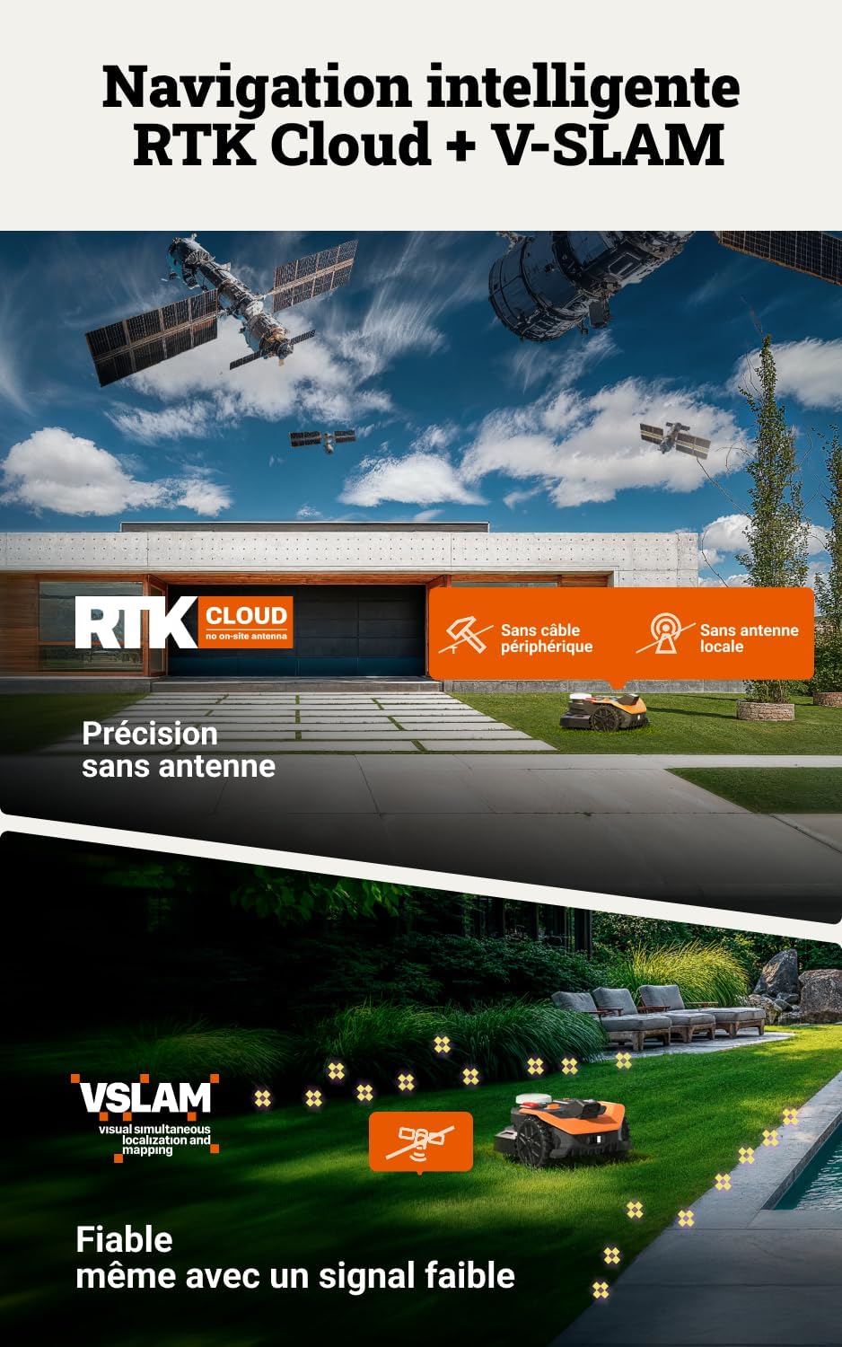 WORX - Tondeuse robot Vision Cloud 2WD - 500m², IA, VSLAM+RTK, appli - WR305E