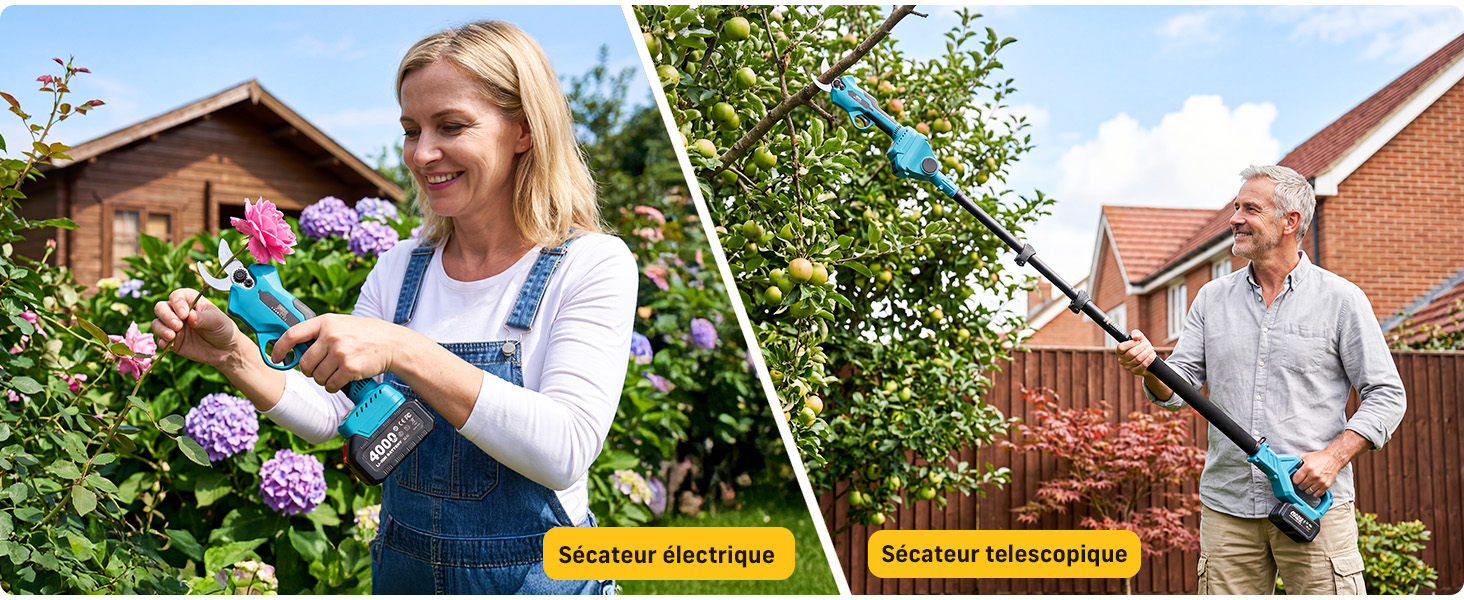 Scène extérieure montrant deux personnes dans un jardin avec des plantes et une échelle. Une personne tient un appareil de mesure bleu, l'autre utilise un outil de nivellement jaune, démontrant des mesures extérieures ou des travaux de construction.