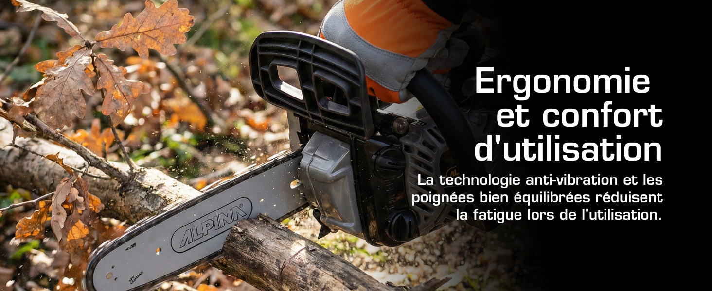 Le texte se lit comme suit : « Ergonomie et confort d'utilisation. La technologie anti-vibration et les poignées éco-guidantes réduisent. » La photo du produit montre les composants de l'outil électrique d'extérieur sur fond de feuilles d'automne.