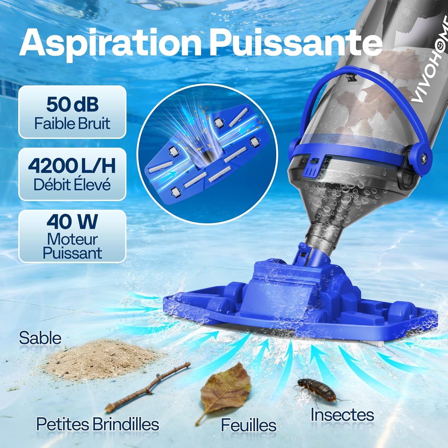 VIVOHOME 70LPM Aspirateur de Piscine sans Fil avec Batterie, Nettoyeur de Piscine Portable avec 4 Sacs Filtrants, Perche Télescopique, Aspiration 278cm pour Piscine Hors-Sol et Enterrée, Spa