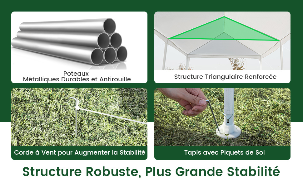 : poteaux métalliques, toit triangulaire renforcé, cordon coupe-vent pour plus de stabilité et piquets de sol. Met l'accent sur la construction robuste et la stabilité.