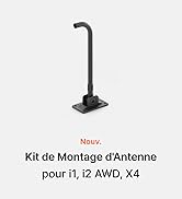 Le texte se lit comme suit : « Kit de montage d'antenne pour i1, i2 AWD, X4 ». Support de montage noir illustré sous différents angles.