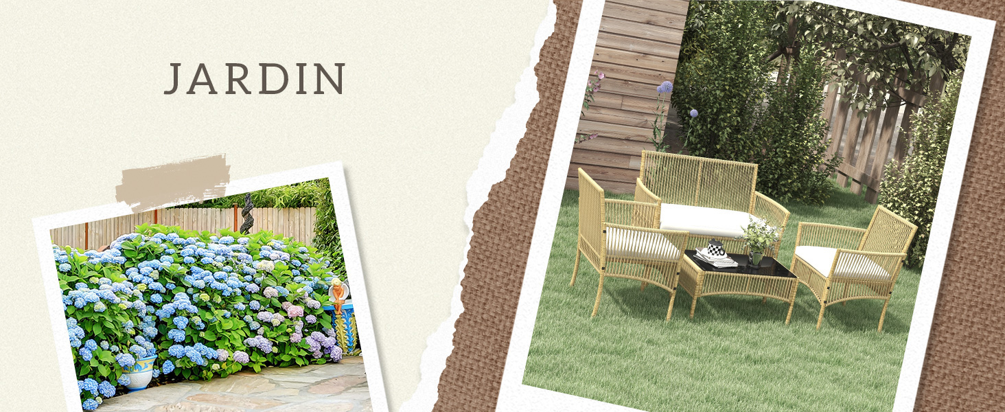 sur le thème du jardin. Image de gauche : buissons d'hortensias bleus. Image de droite : ensemble de mobilier d'extérieur avec table et chaises sur la pelouse.