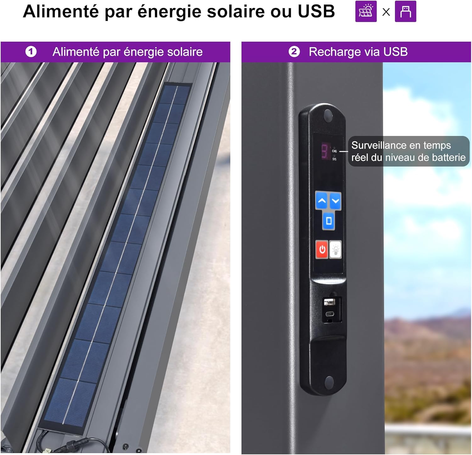 PURPLE LEAF - Pergola bioclimatique alu 4x4.6m, lames LED, durable