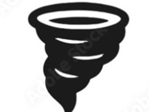 Icône stylisée en forme de tornade noire ou de nuage en entonnoir avec motif en spirale, représentée par une silhouette simple sur fond blanc.