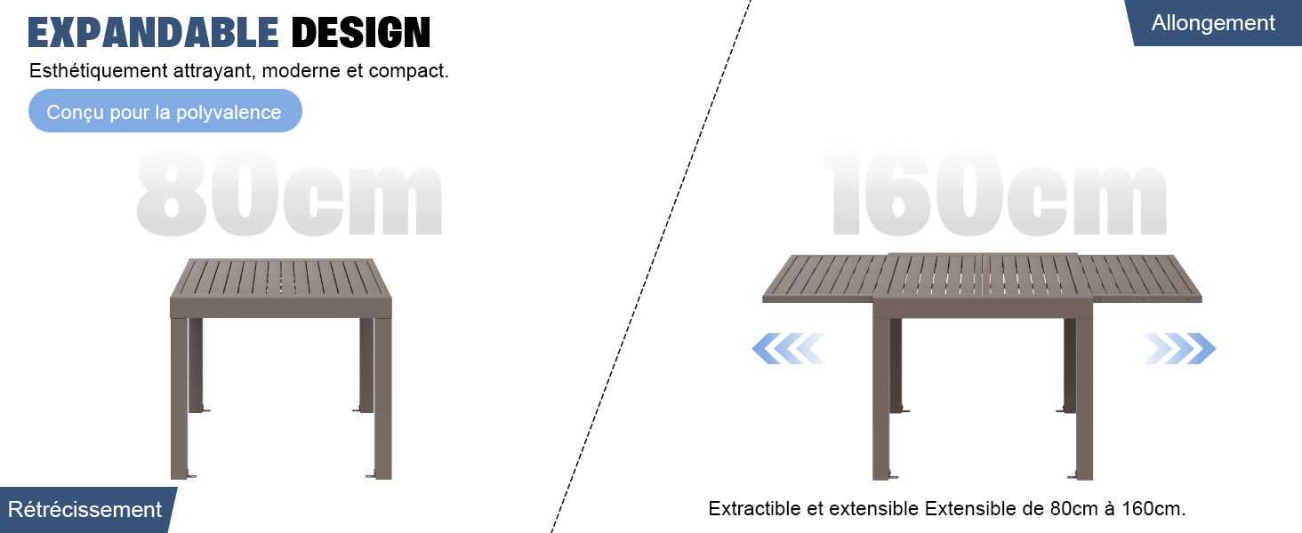 . La gauche montre une taille compacte de 80 cm, la droite montre une taille étendue de 160 cm. Table grise avec plateau à lattes et pieds carrés