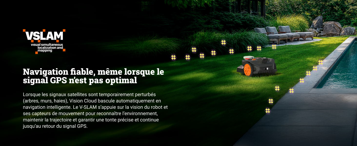 Le texte se lit comme suit : « VSLAM Navigation fiable, même lorsque le signal GPS est peu optimal ». Scène nocturne montrant une pelouse avec des balises de sentier illuminées et une piscine réfléchissante.