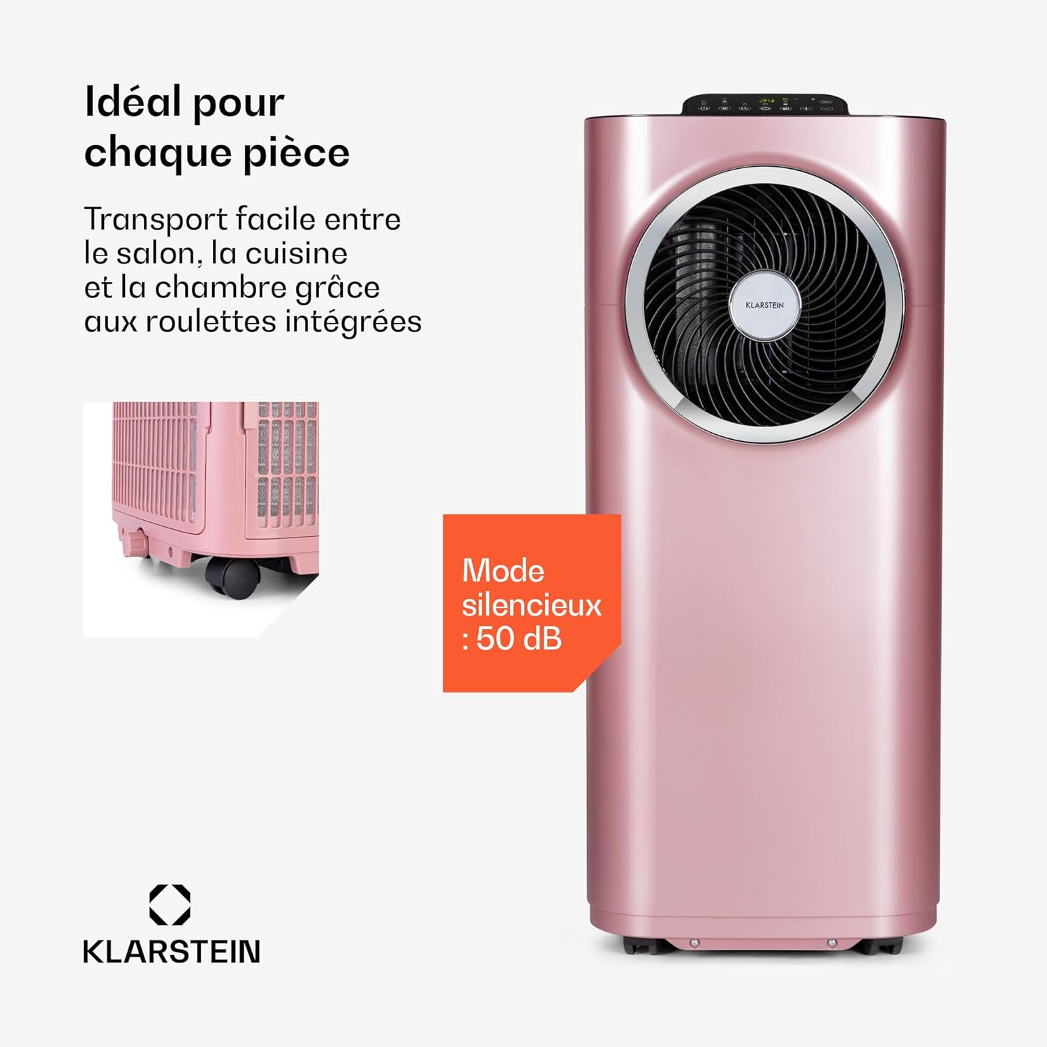 Klarstein Kraftwerk Smart 12K Climatiseur Mobile – 12,000 BTU, 35-59 m², WiFi & App Control, Silencieux 50 dB, Déshumidificateur, Ventilation 3 Niveaux, Minuterie 24h, R290, 1308W, Or Rose Métallique