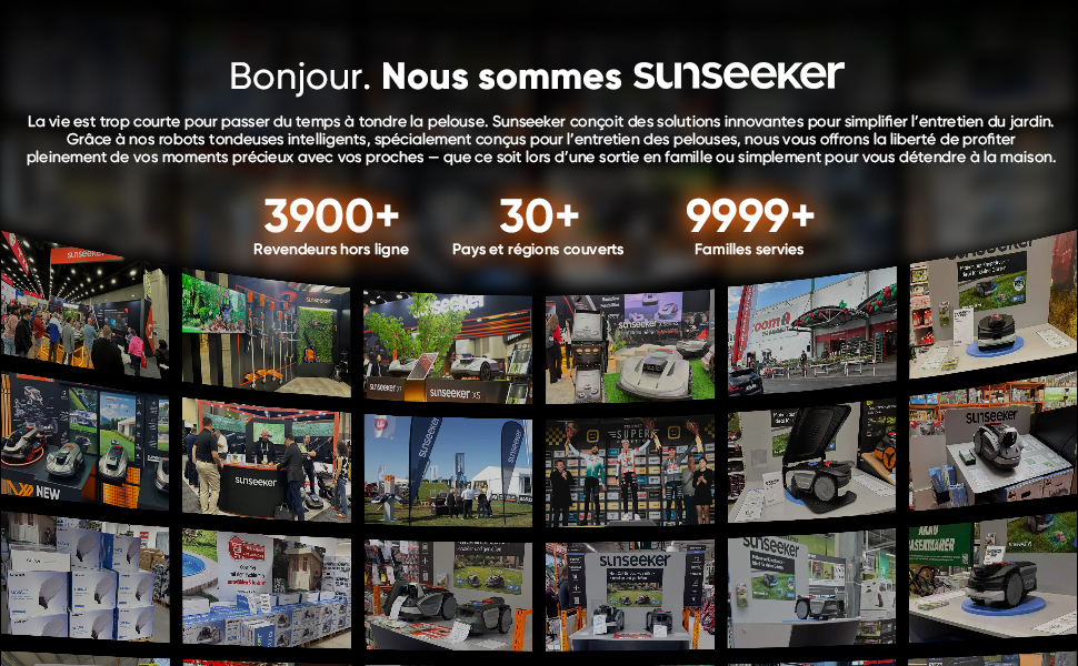 Le texte se lit comme suit : « Bonjour. « Nous sommes SUNSEEKER » suivi d'un texte promotionnel supplémentaire. Image composite montrant plusieurs photographies colorées de propriétés côtières de luxe et de sites pittoresques en grille.