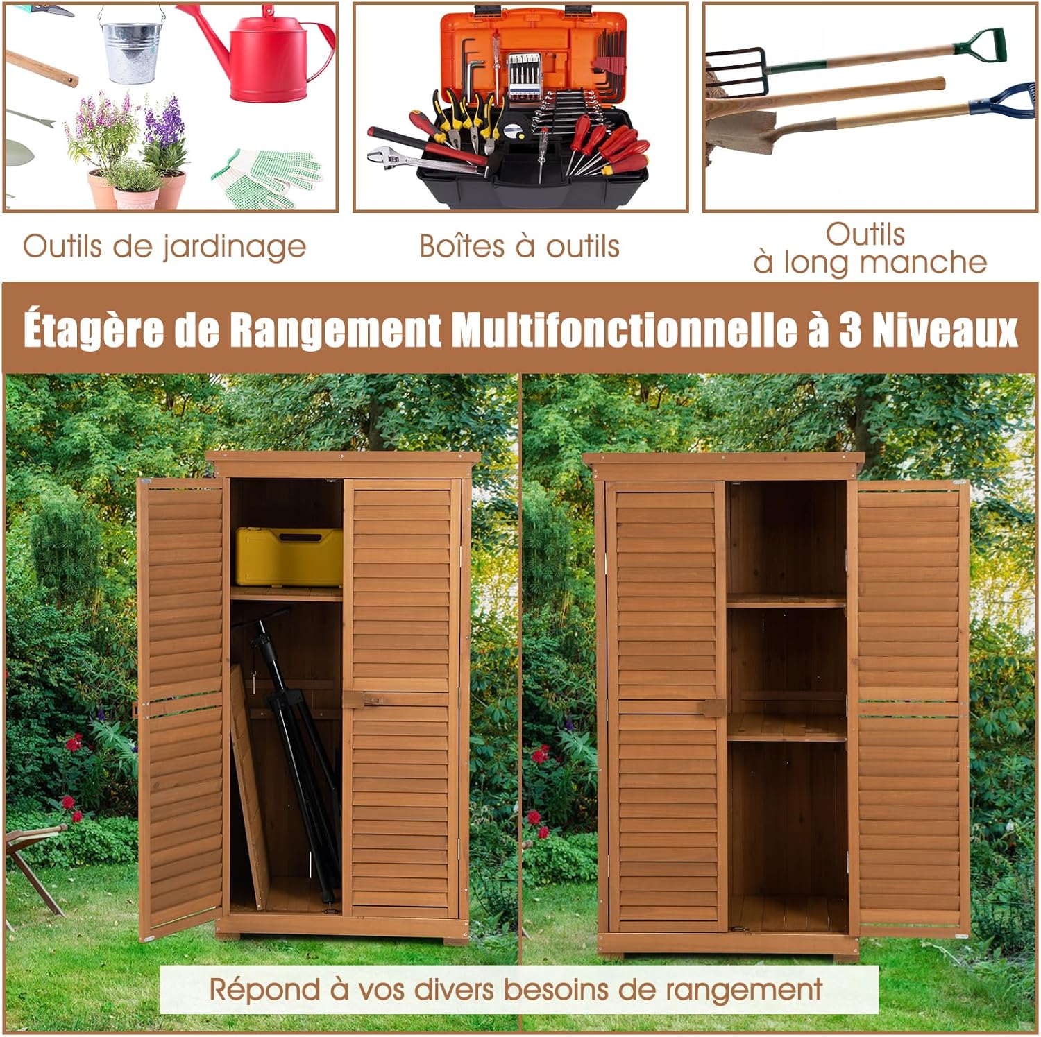 COSTWAY - Abri de jardin 160 cm - Bois, toit asphalte, 2 portes verrouillables, étagères amovibles