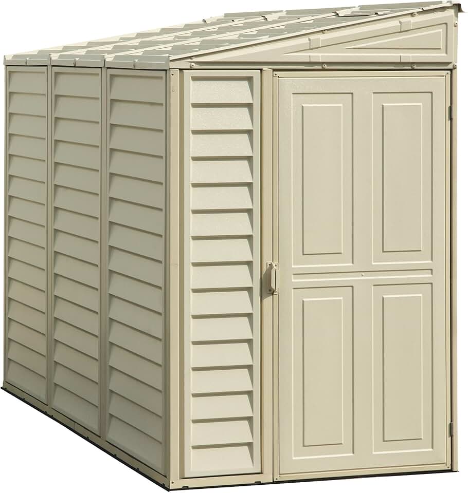 Duramax SideMate 4 x 8 (2.91 m²) abri de jardin en plastique avec kit de fondation en métal, porte réversible, structure de toit en métal robuste, abri en vinyle sans entretien - Ivoire