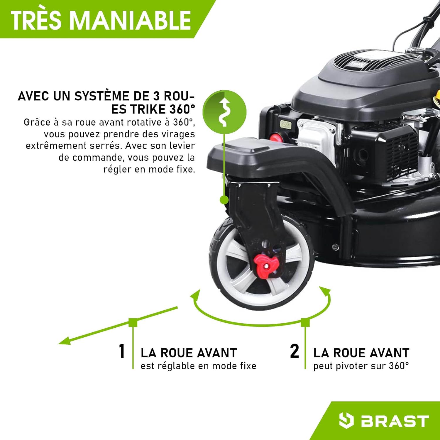 BRAST tondeuse thermique 3 roues TRIKE SPEED 224cc 53cm autotractée vitesse d'entraînement triple réglable mulching 4en1 capot en tôle en acier 60l - tondeuse tractée moteur 4 temps reglable