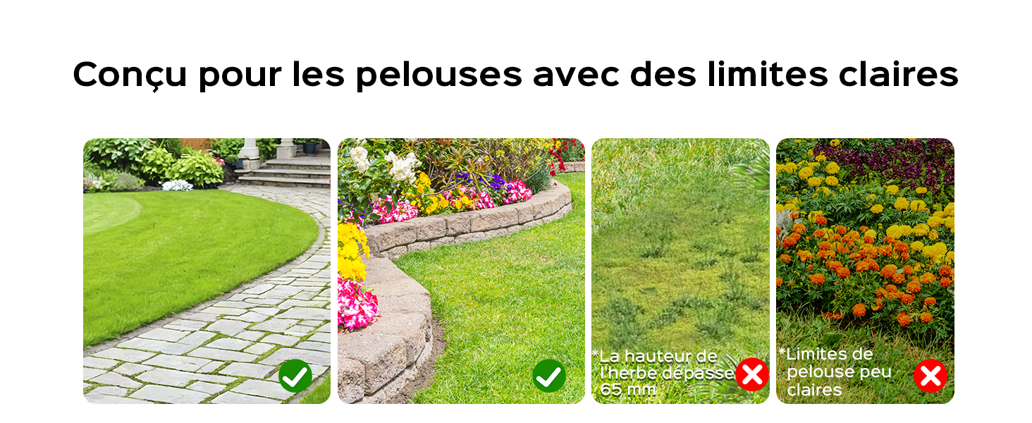 Quatre images de jardin montrant des exemples de bordures de pelouse. Deux cases à cocher vertes présentent des bordures claires : l'une avec un chemin en pierre, l'autre avec un parterre de fleurs incurvé. Deux d'entre elles, marquées d'un X rouge, indiquent des limites de pelouse peu claires.
