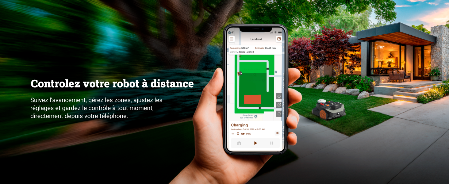 Le texte indique « Contrôlez votre robot à distance ». Captures d'écran de l'interface de l'application mobile montrant le système de contrôle de la tondeuse à gazon robotique avec les paramètres du jardin extérieur.