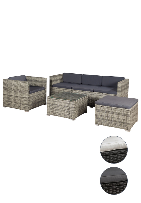 comprenant un canapé, un fauteuil, un pouf et une table basse de style rotin avec coussins gris. Deux options de couleur sont présentées ci-dessous.